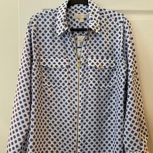 MICHAEL Michael Kors White Blouse with Blue Dot Print and Gold Zipper
